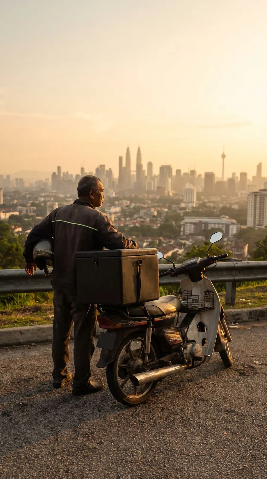 Rider melihat pemandangan bandar pada waktu senja