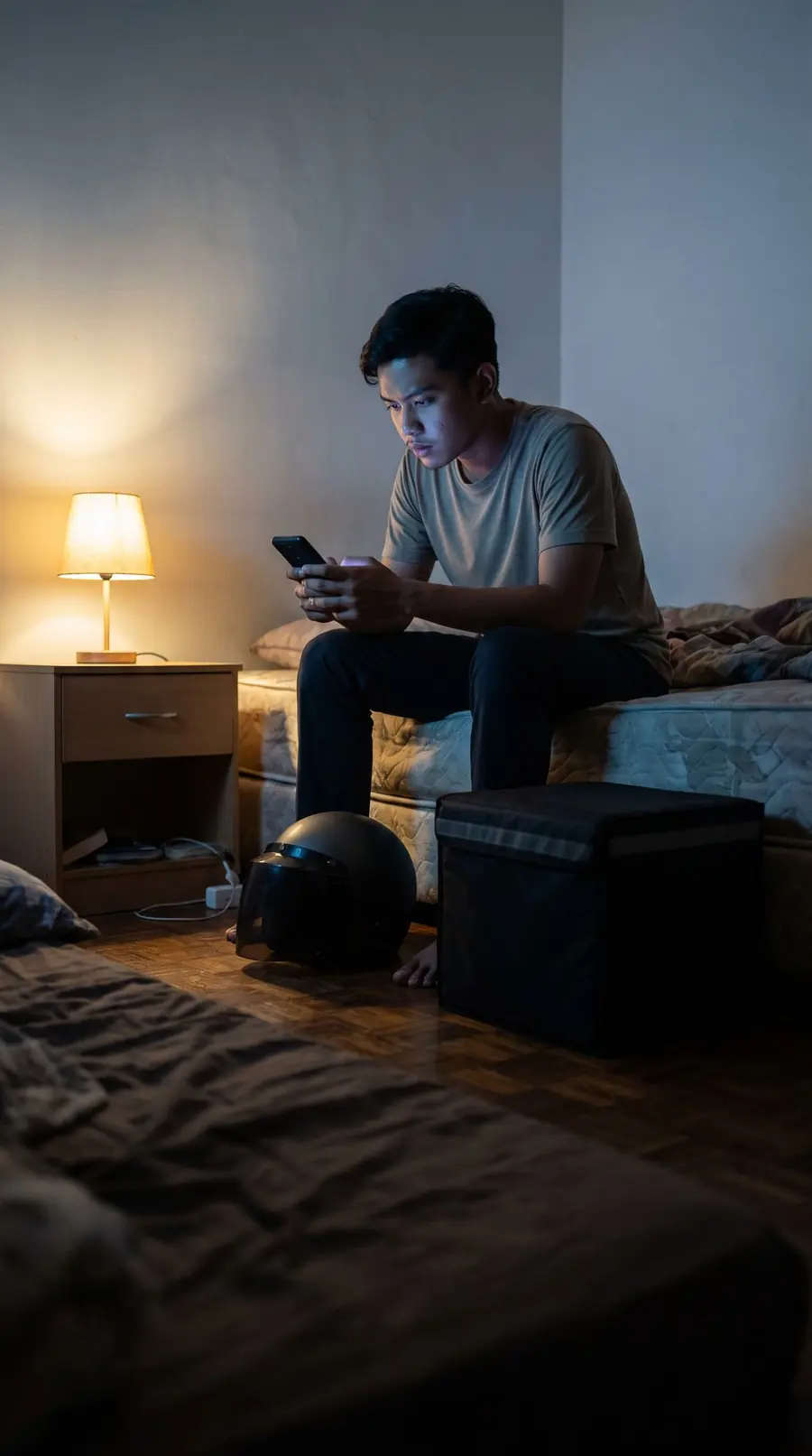 Rider duduk di bilik pada waktu malam, melihat telefon